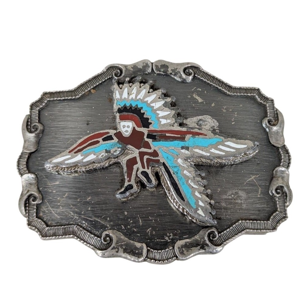 Vintage Southwest Belt Buckle Silver‎ Tone Red Turquoise Man Bird Design Good